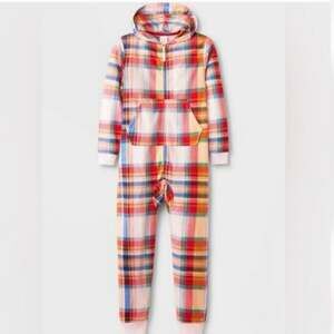 Cat & Jack Plaid Fleece Hooded Union Suit Pajamas - M